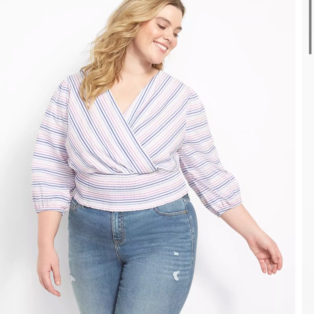 Lane Bryant Pastel Stripe Wrap Smocked Blouse - Pink, Blue, White